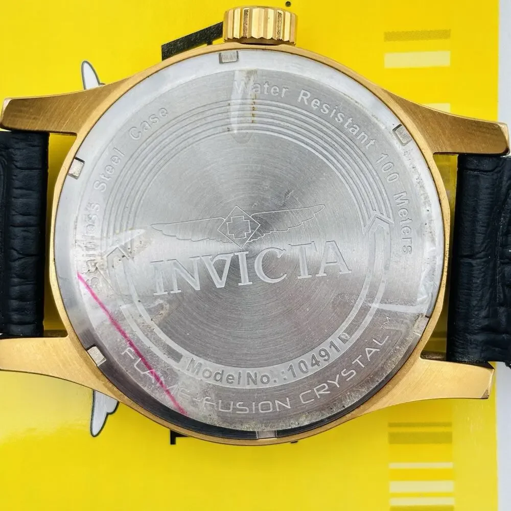 Invicta Chronograph #10491 Watch with Black Leather Band In Box. With Paperwork